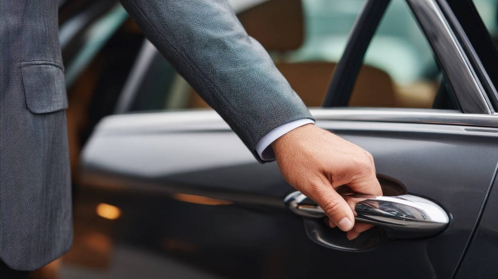 Professional chauffeur opening the door of a luxury vehicle for a businessman, highlighting Eurotaxis' executive transport service with reliable, comfortable, and professional travel for corporate clients.